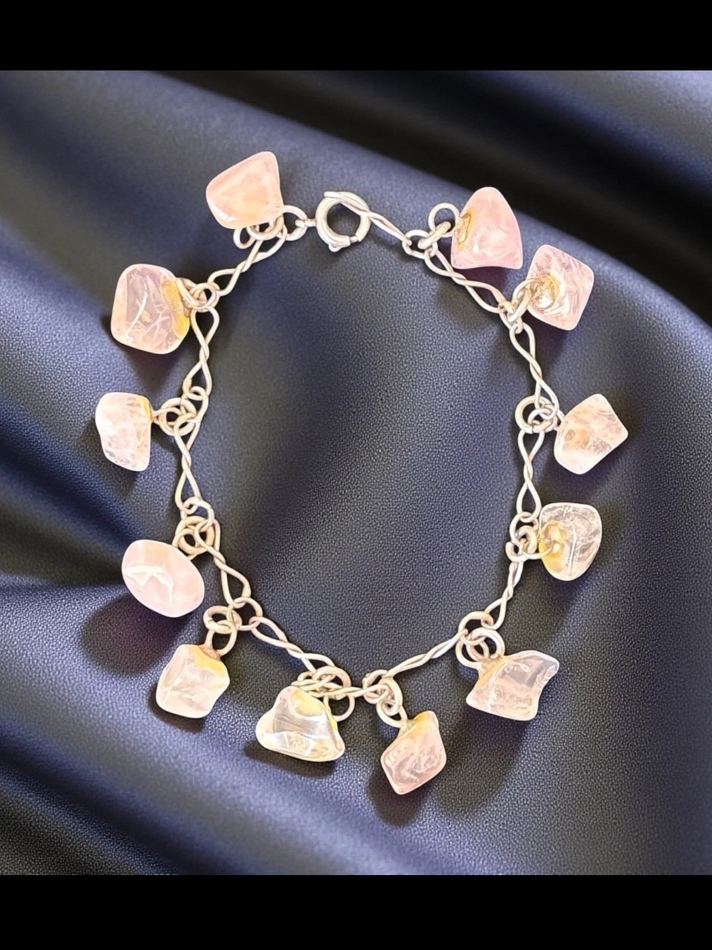 .925 Sterling Silver Raw Rose Quartz Bracelet Vintage 7 1/2”